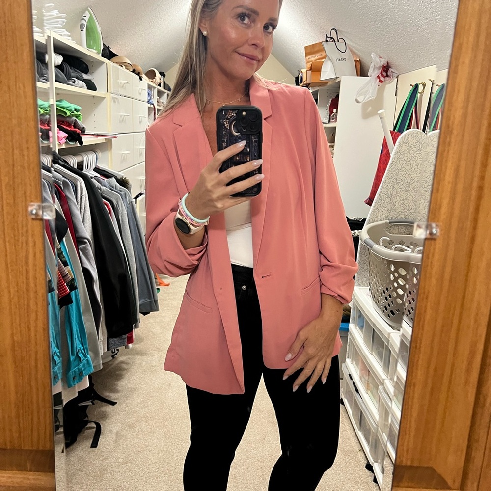 LC Lauren Conrad Pink Blazer with Notched Lapels and Ruched Sleeves